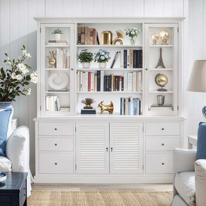 Hamptons Louvre Glass Display Cabinet with Open Bookcase and Buffet