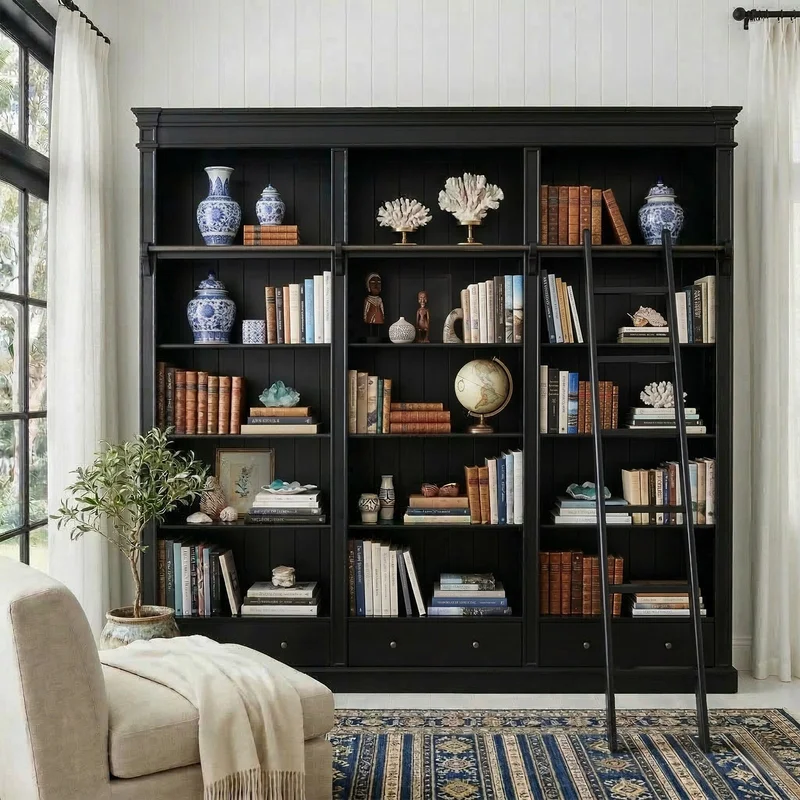 Solid Timber Hamptons Library Bookcase with Ladder 3 Bay Grand Halifax