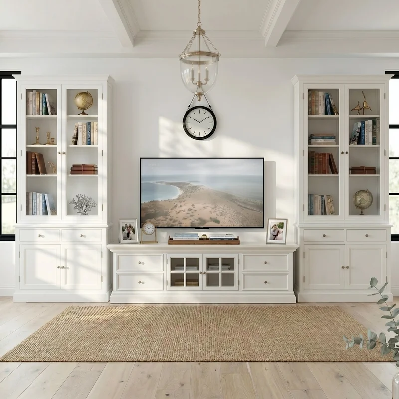 The Hamptons Halifax Estate Collection: 3-Piece Hamptons Living Room Suite - 180cm TV Unit & Twin Glass Cabinet Towers