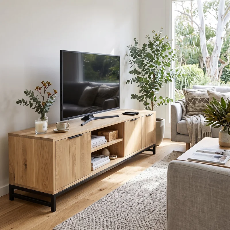 Urban Living Style Wooden TV Entertainment Unit with Iron Base Open Shelving and Cabinet Storage
