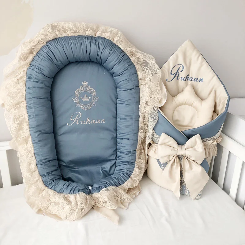 Custom Luxury Baby Blanket Set and Baby Nest Royal Nest for Boy in Blue