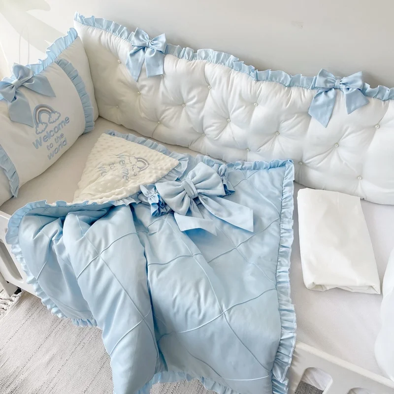 Crib Bedding Set for Baby Boy with Bumpers "Sky Blue Rainbow"