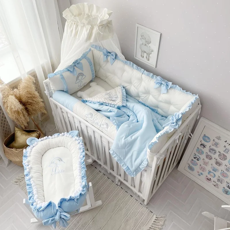 Luxury Baby Bedding Set for Boy Crib Set with Bumpers "Sky Blue Rainbow"