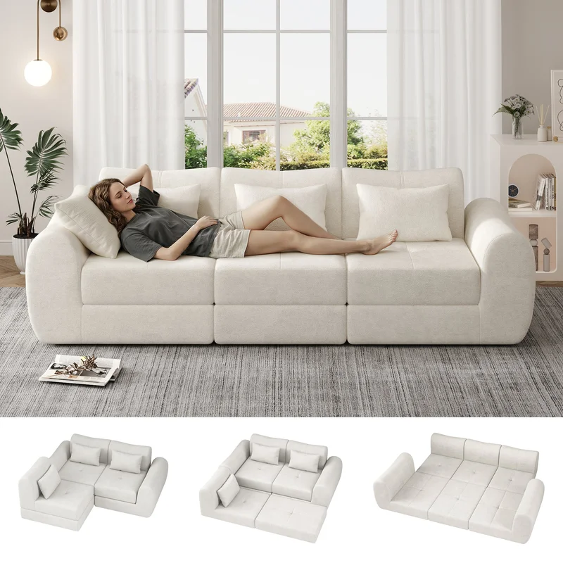 102" Cloud Sofa 4-in-1 Folding Sofa Bed Floor-Standing Boneless Couch Futon Sofa Bed for Living Room Bedroom and Entertainment Room(White)
