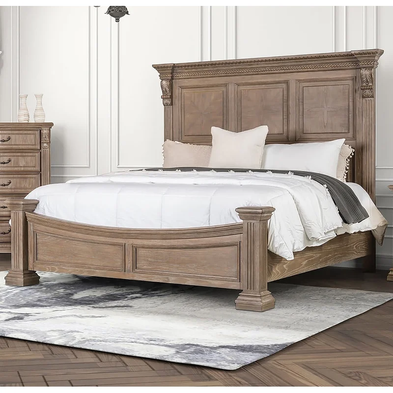 Seven Oaks Transitional Wooden King Bed with Dentil Molding Weathered Oak
