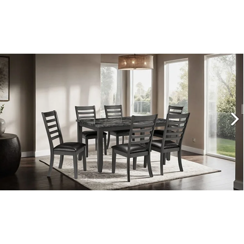 Adia 7PC Transitional Faux Marble Dining Set (Brown or Black)