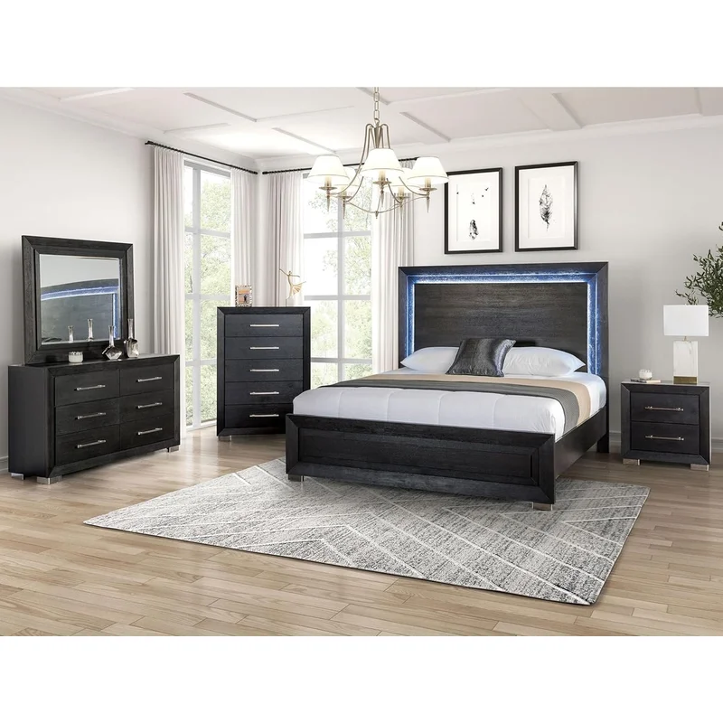 Ashbourne Contemporary Solid Wood King Bedroom Set - Black & Chrome