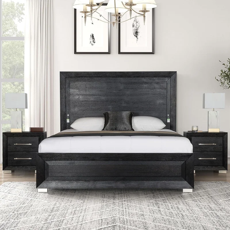 Ashbourne Contemporary Solid Wood Queen Bed with LED - Black & Chrome