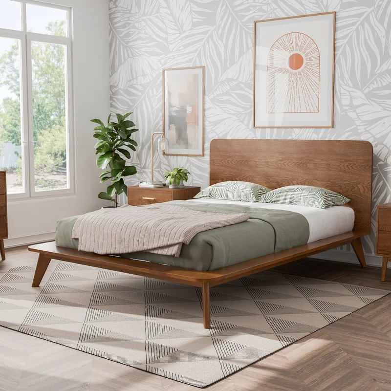 Stathelle Mid-Century Solid Wood King Platform Bed Walnut Finish