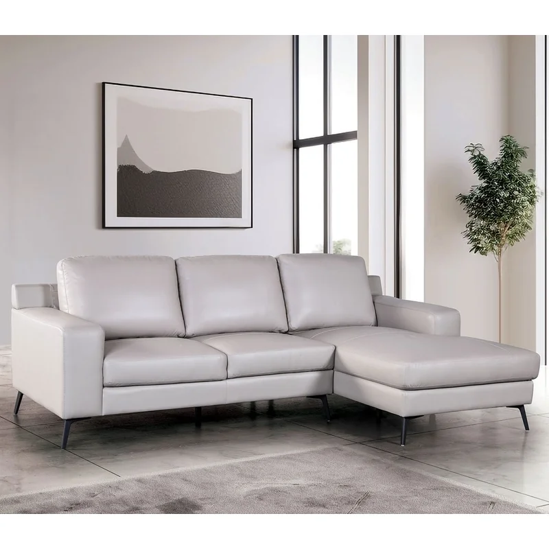 Stordal Contemporary Leather Sectional with Angled Legs - Light Gray
