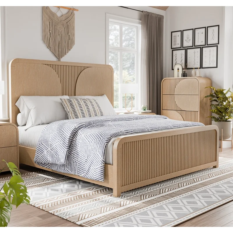 Tangentry Modern Natural Finish King Bed with Reeded Panels