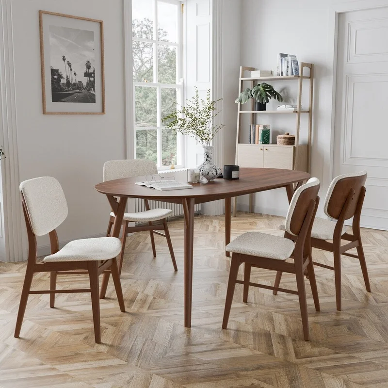 Uzwil Mid-Century Modern 5-Piece Dining Set in Walnut with Boucle Chairs