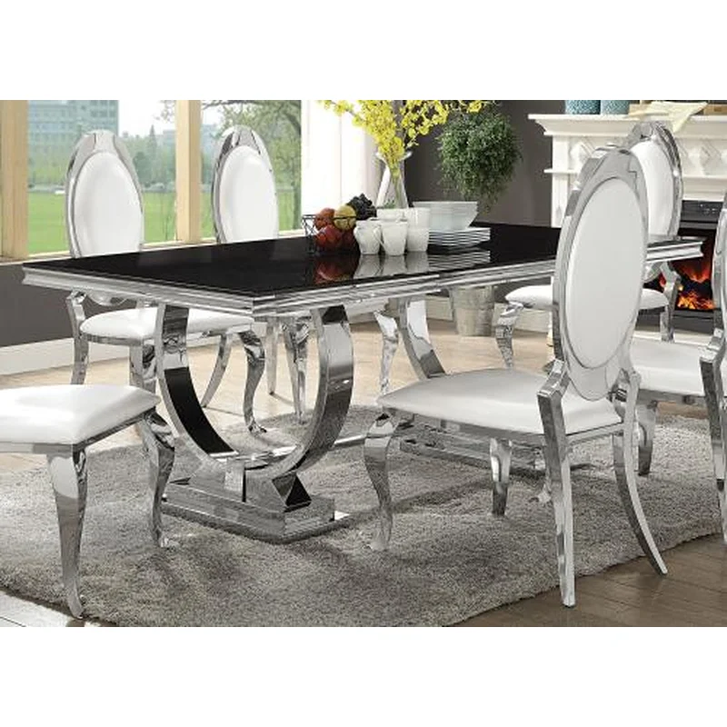 Antoine Rectangular 95-inch Glass Top Dining Table Black POLISHED STAINLESS STEEL