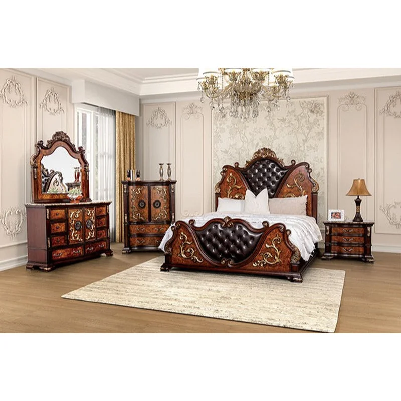 Aquilina Traditional Queen Bedroom Set with Tufted Headboard & Gold Carved Details