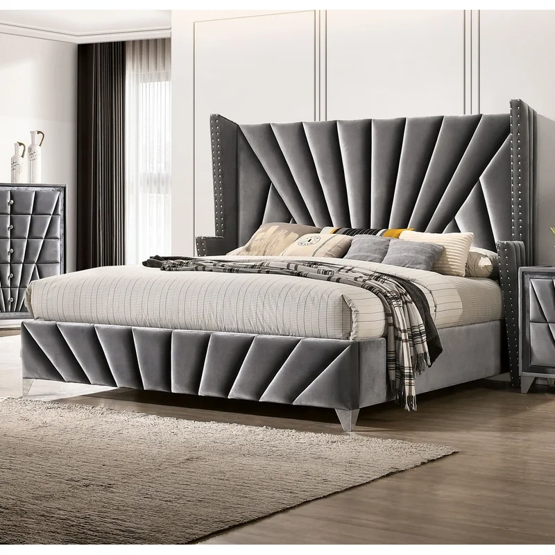 Carissa Art Deco Style King Wingback Bed - Gray