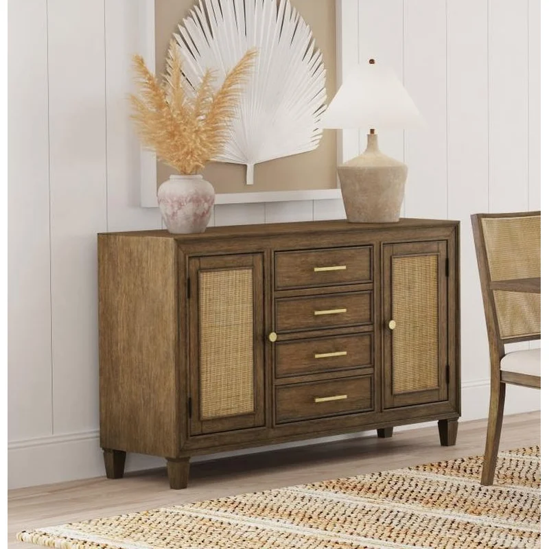 Matisse 4-Drawer Dining Sideboard Buffet Cabinet With Rattan Cabinet Doors Brown