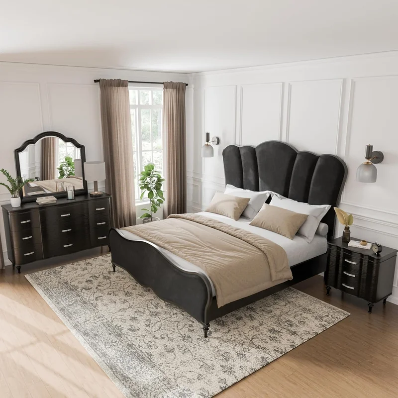 Melodi Parc Queen Glam Bedroom Set w/ Turned Feet - Black