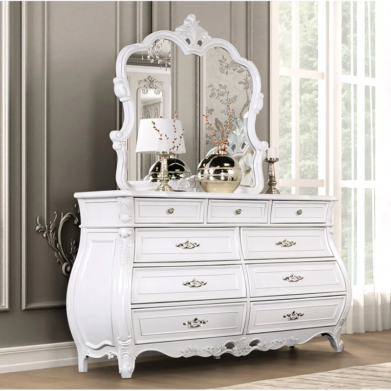 Velentini Traditional 9-Drawer Dresser w/ Crystal Knobs in White