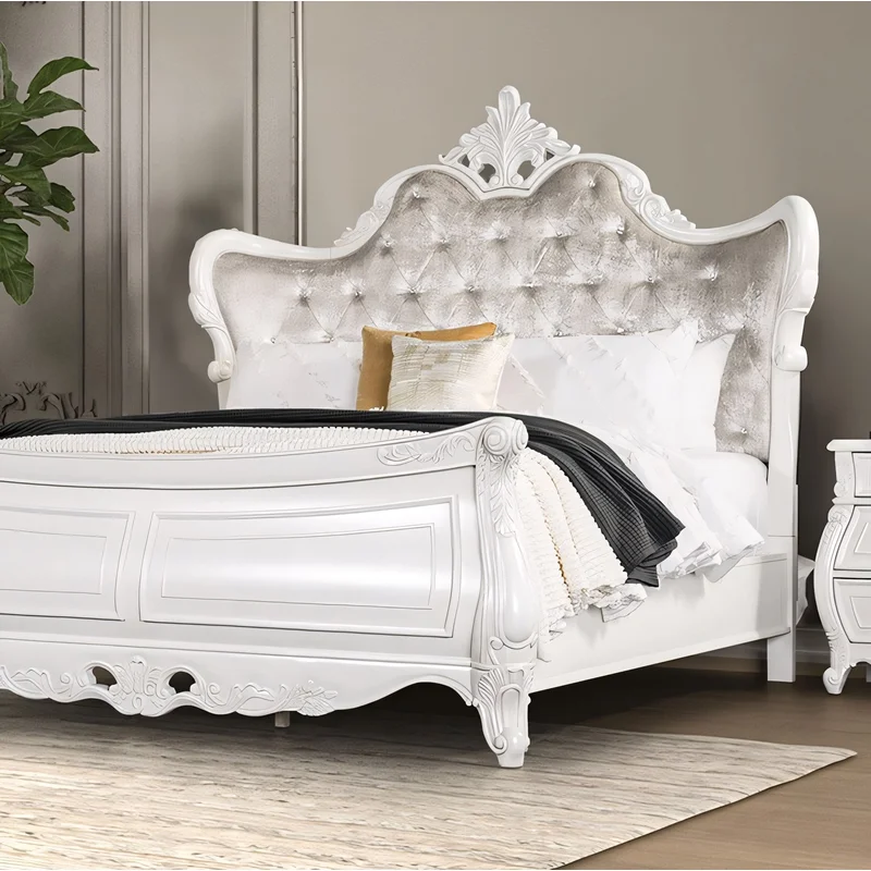 Velentini Traditional Queen Wing Back Bed - White & Tan