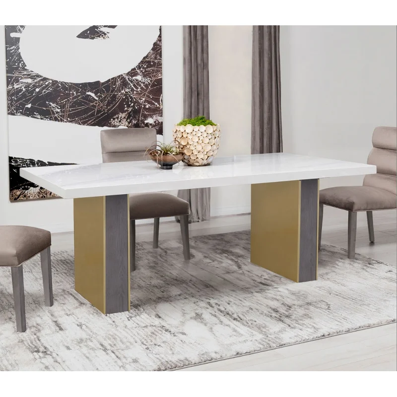 Carla Rectangular Dining Table With Cultured Carrara Marble Top White And Gold