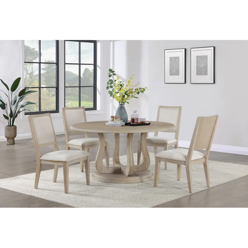 Trofello 5-piece Round Dining Table Set White Washed BEIGE