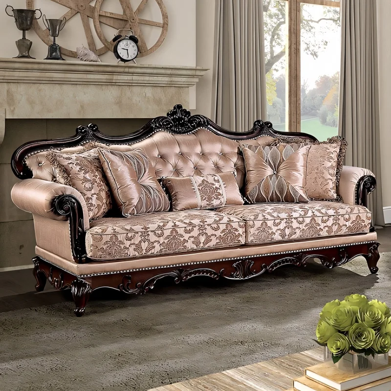 Veracruz Traditional Sofa in Light Brown Fabric & Dark Cherry Finish