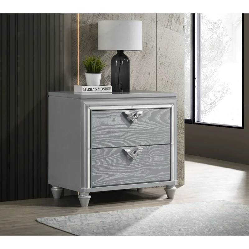 Veronica 2-Drawer Nightstand Bedside Table Light Silver