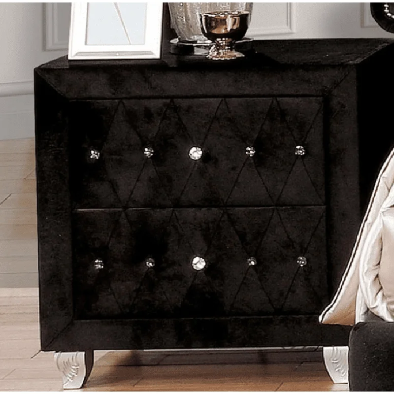 Alzir Black Velvet Glam Nightstand with Carved Silver Feet