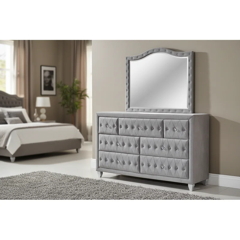 Alzir Glam Style 7 Drawer Upholstered Dresse - Gray