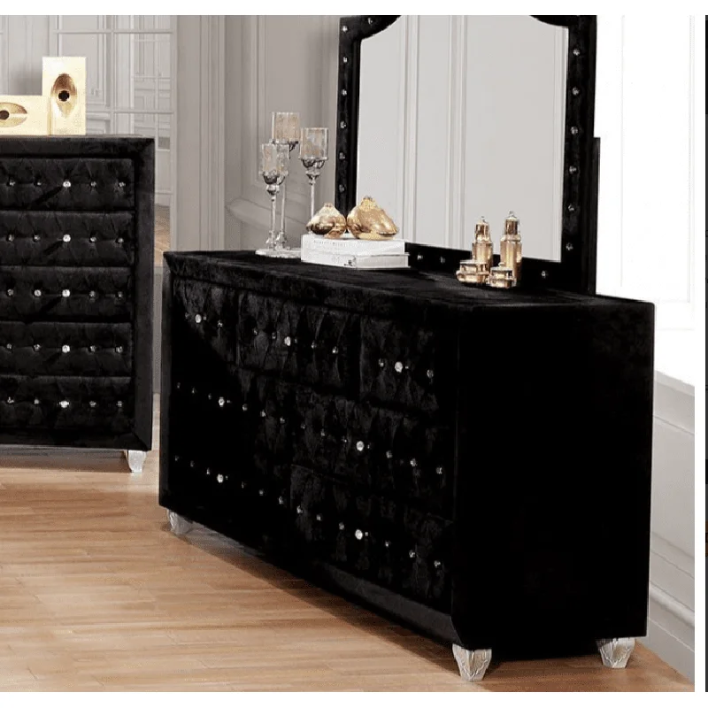 Alzir Glam Style 7 Drawer Upholstered Dresser - Black