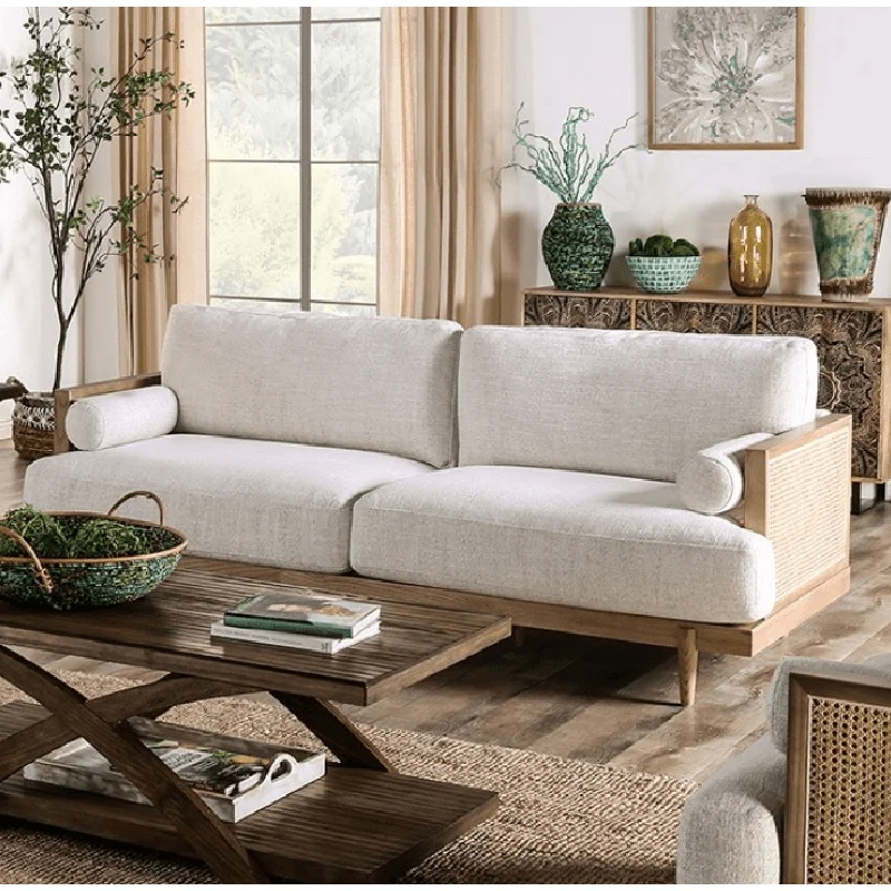 Alesund Mid-Century Modern Sofa with Rattan Accents - Beige & Light Oak