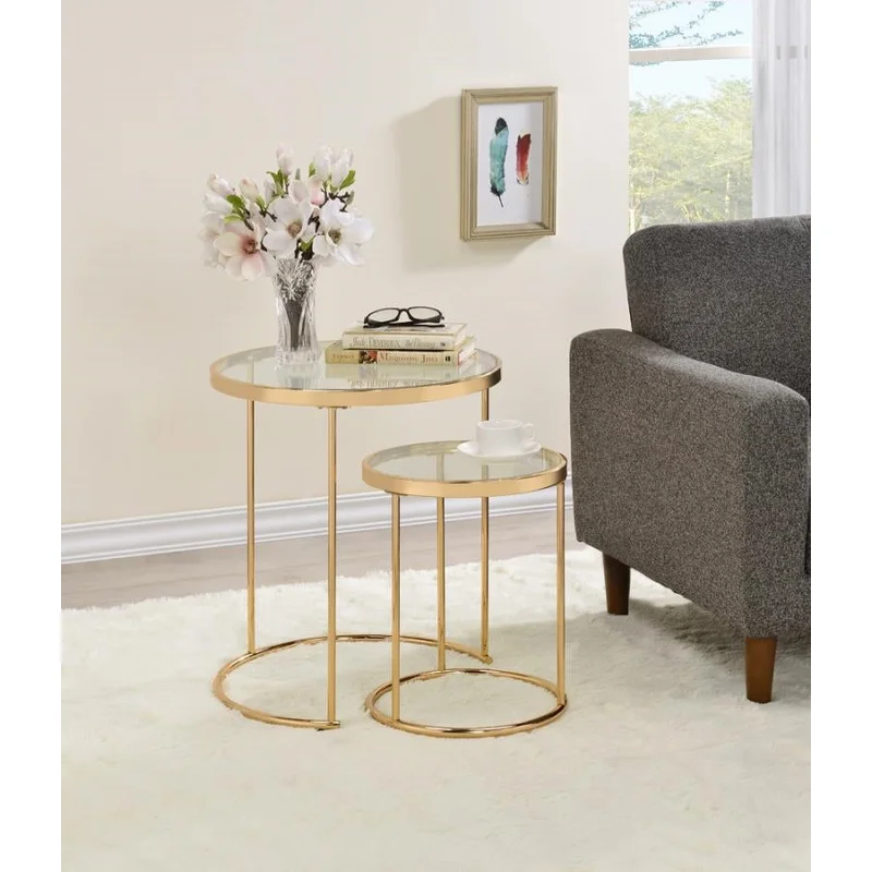 2-Piece Round Glass Top Nesting Tables Gold