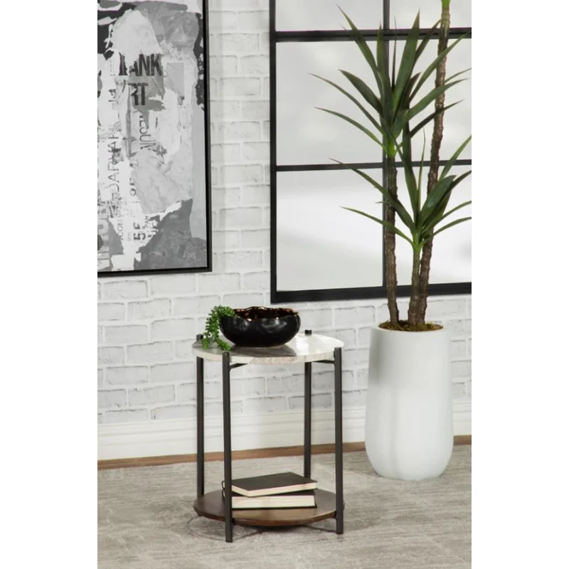 Round Accent Table with Marble Top White and Gunmetal