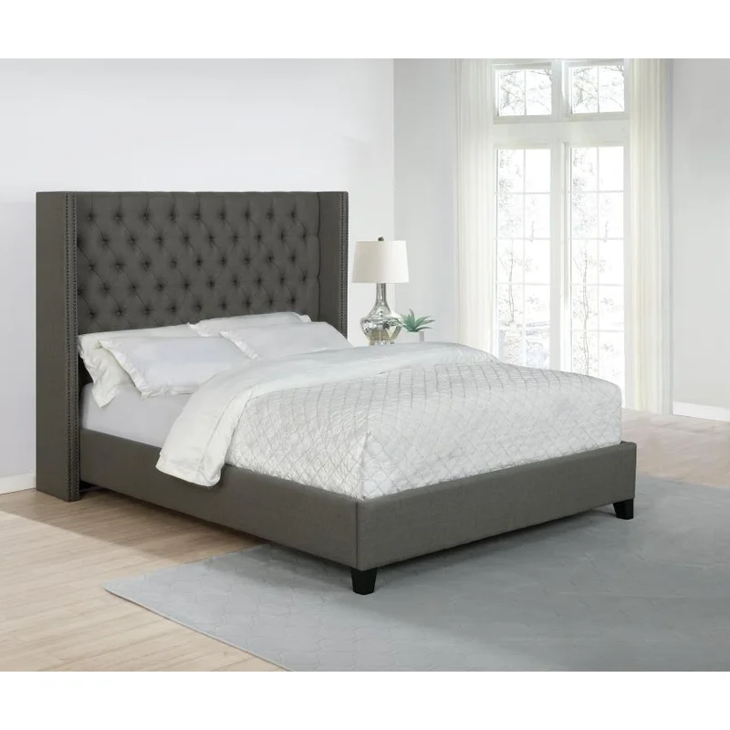 Bancroft Demi-Wing Queen Bed in Grey Woven Fabric