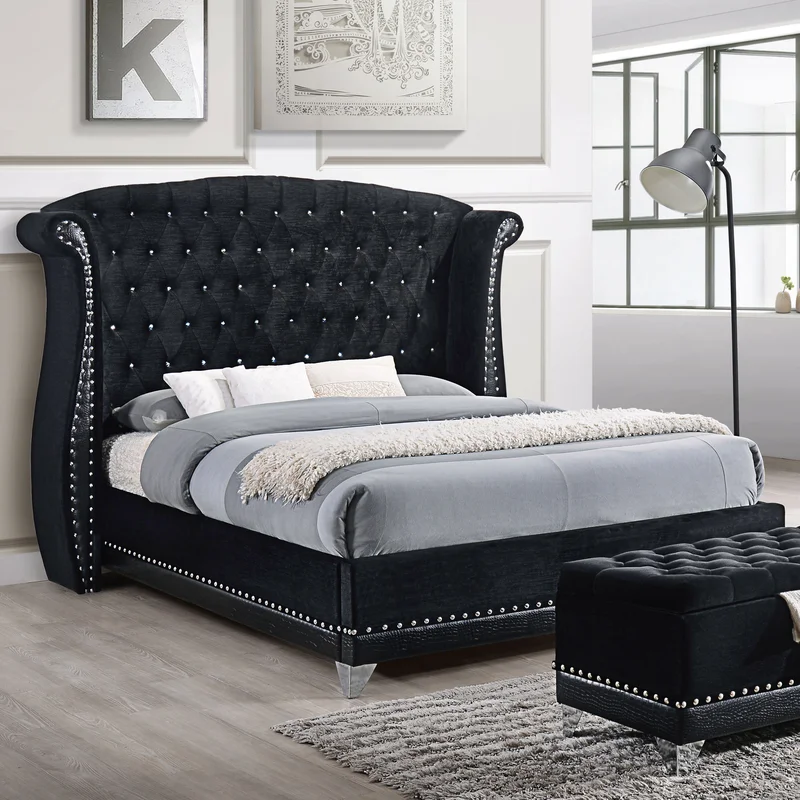 Barzini Modern Black Velvet Queen Bed with Silver Stud Trim & Chrome Feet