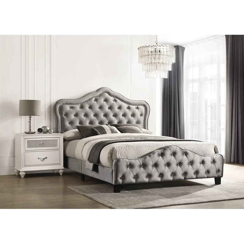 Bella Gray Velvet Tufted Queen Bed