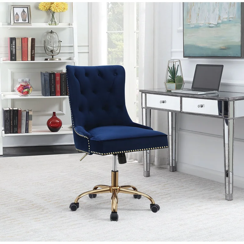 Targa Blue Velvet Office Chair with Brass Accent Trim