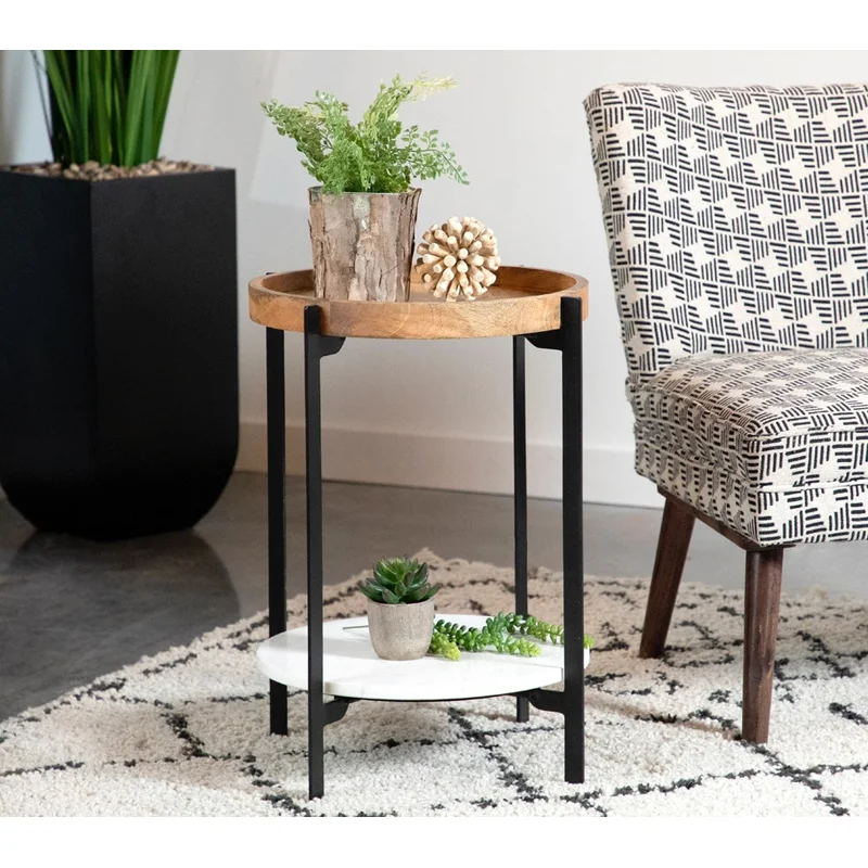 Adhvik Round Accent Table With Marble Shelf Natural And Black