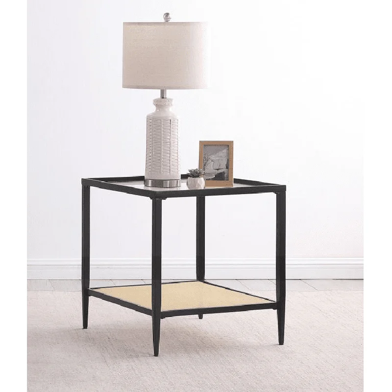 Amherst Glass Top Metal with Cane Shelf Side Table