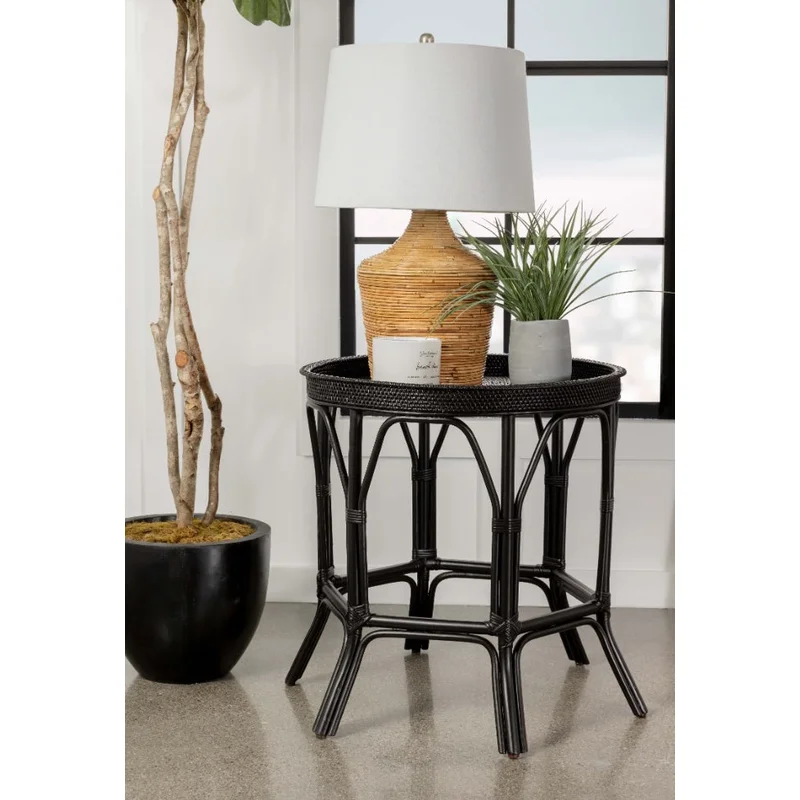 Antonio Round Rattan Tray Top Accent Table Black