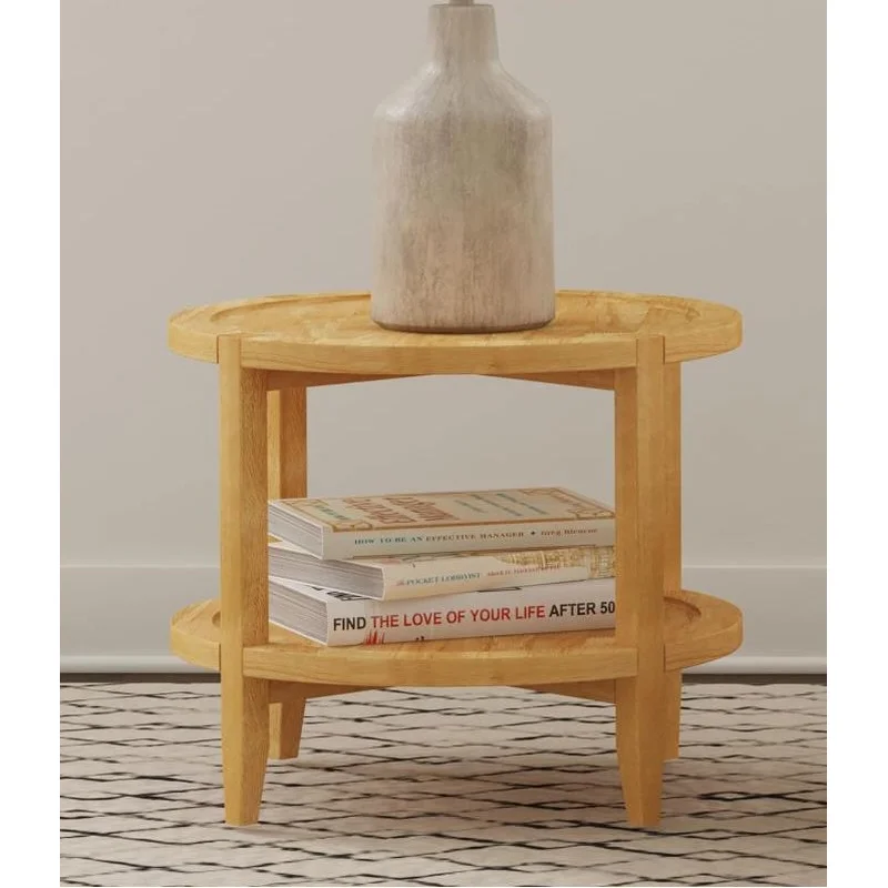 Camillo Round Solid Wood End Table With Shelf Maple Brown