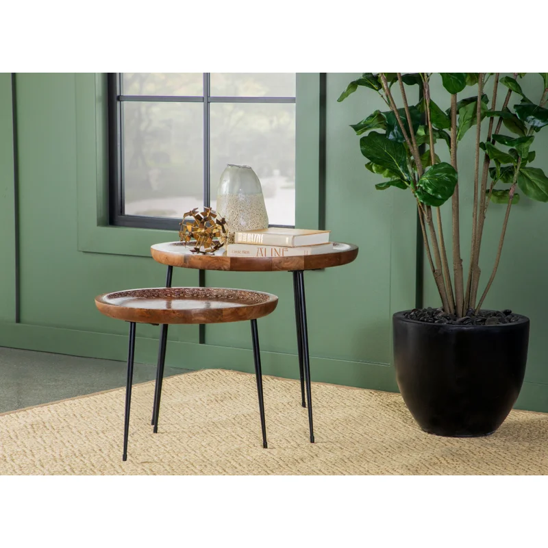 Nuala 2-Piece Round Nesting Table With Tripod Tapered Legs Honey And Black