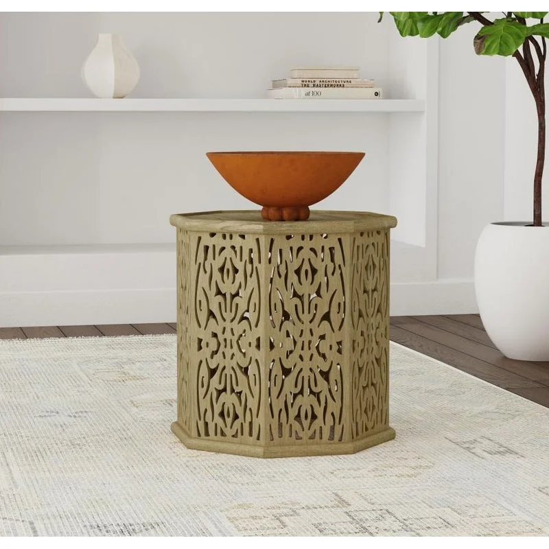 Torres Octagonal Solid Wood Side Table With Intricate Openwork Carvings Natural Brown