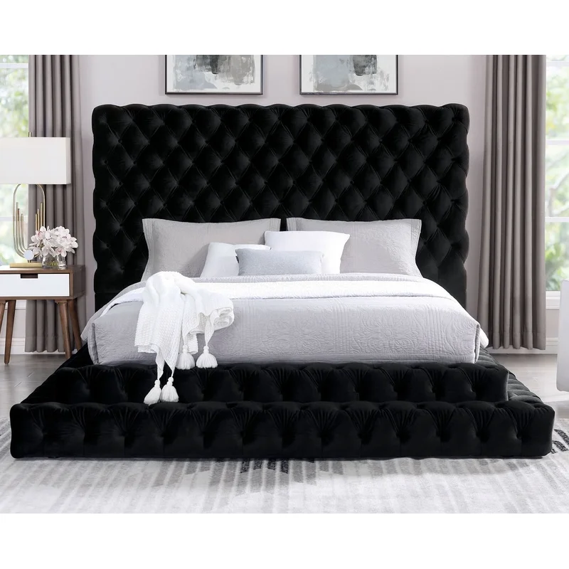 Stefania Black Velvet Glam King Platform Bed