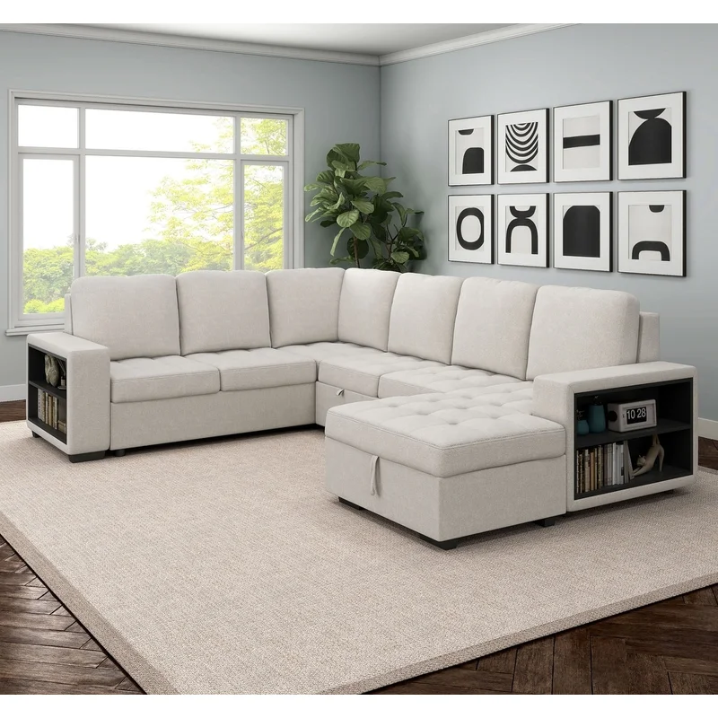 Stockwell Modern Biscuit Tufted Seat Sleeper Sofa Sectional with Storage Shelves and USB Ports - Beige