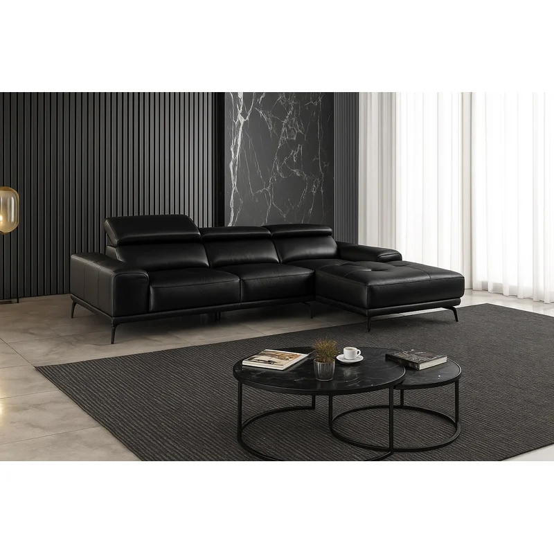 Vadso Modern Leather Sectional Sofa Adjustable Headrests - Black