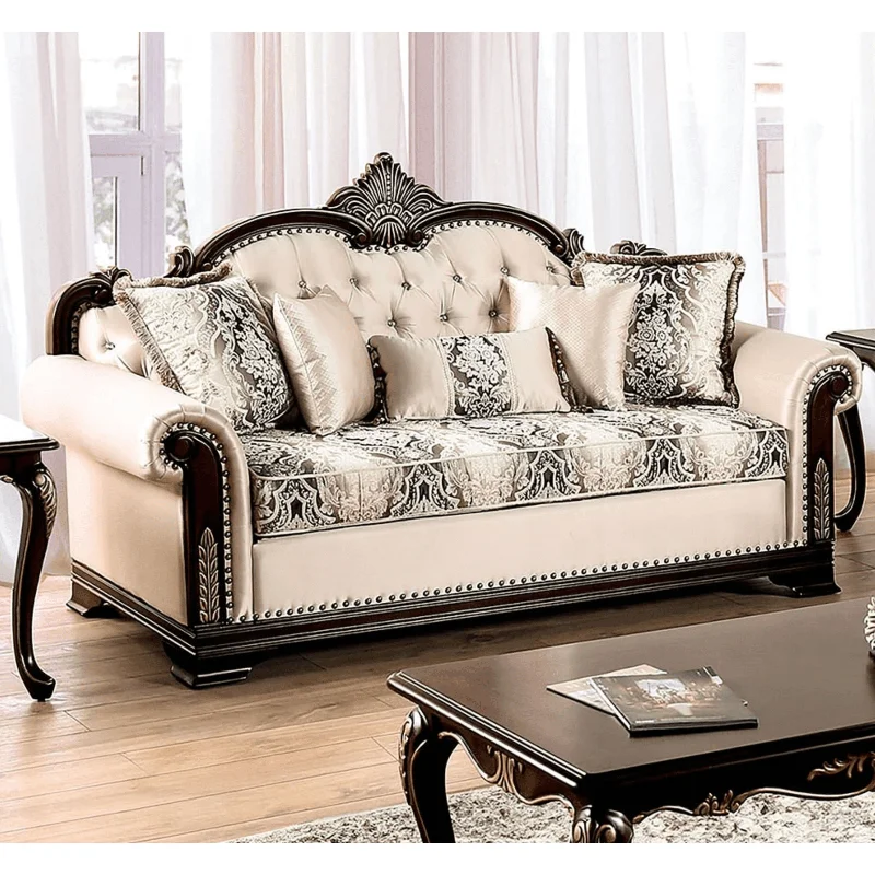 Yucatan Traditional Rolled Arm Sofa - Beige & Dark Cherry