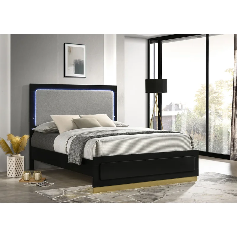Caraway Wood Eastern King LED Panel Bed Black LIGHT GREY