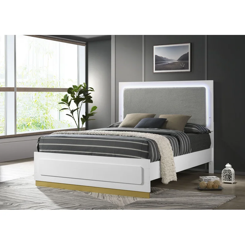 Caraway Wood Eastern King LED Panel Bed White LIGHT GREY