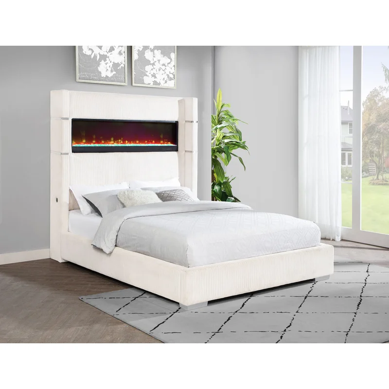 Tisdall Upholstered Queen Bed with Flame Visualizer Cream